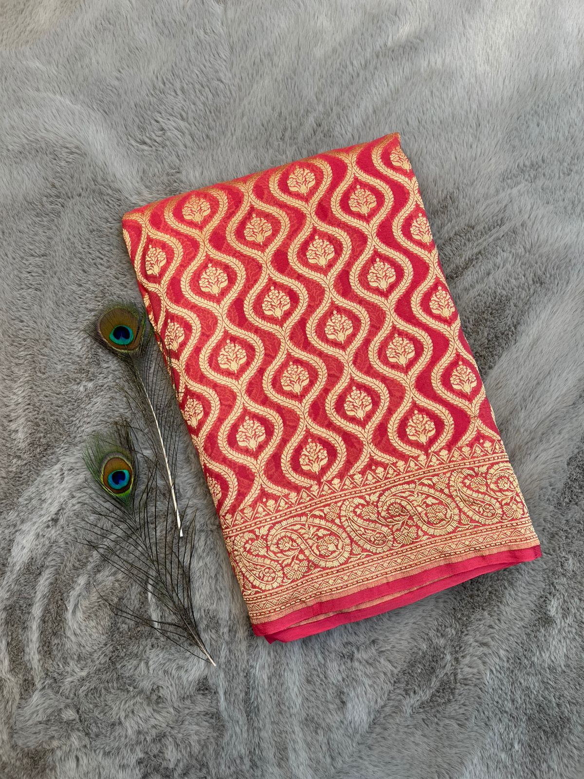 Exquisite Pure Georgette Banarasi Saree in Deep Red with Golden Zari Weaving – Perfect for Wedding & Festive Wear